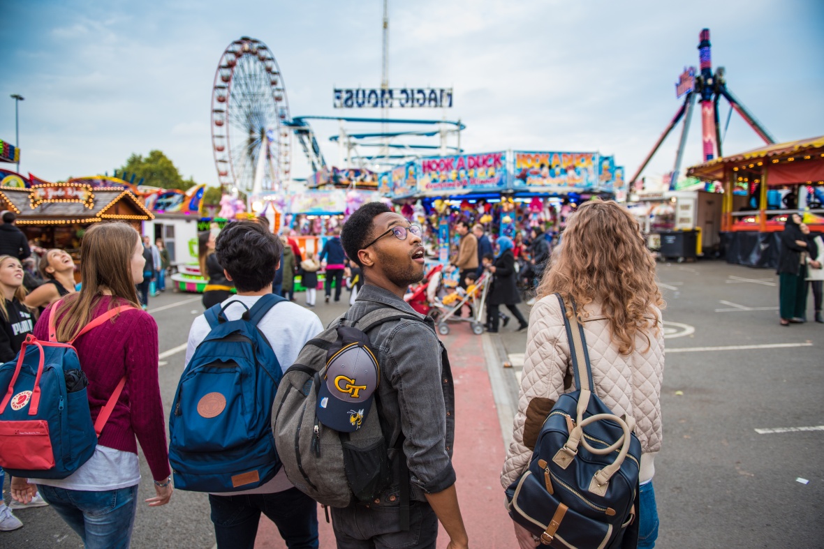 Undergraduate students enjoying Goose Fair, Forest Recreation Ground, Nottingham