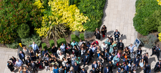 An aerial shot of a group of students