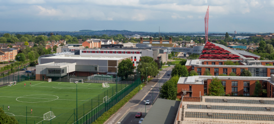 An aerial shot of the university campus